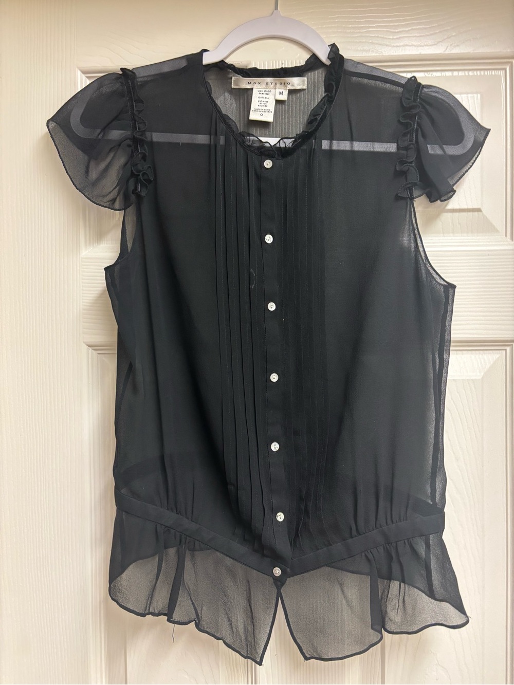 Max Studio Black Sheer Ruffle-Sleeve Button Blouse 👚